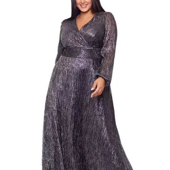 Betsy & Adam Plus Size 22W Black Metallic Long-Sleeve Wrap Cocktail Dress Gown - Picture 2 of 11